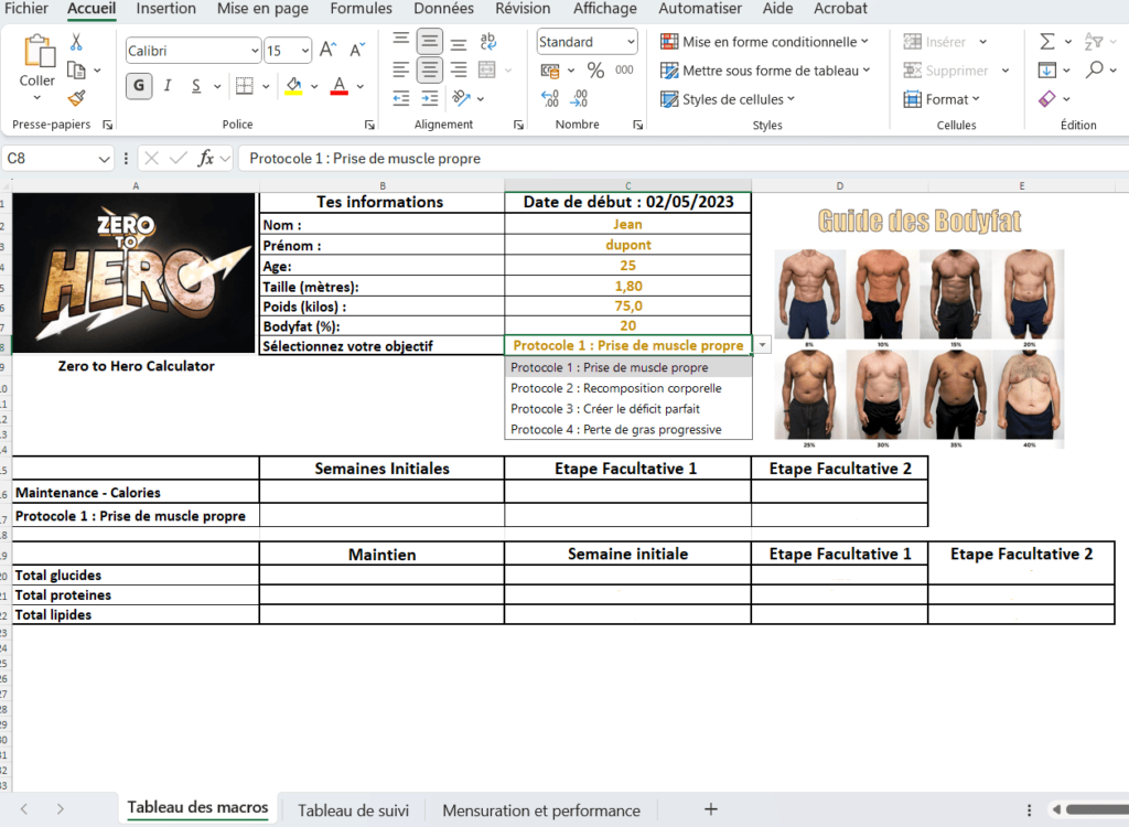 Le tableur Excel de Zero to Hero : besoins caloriques et suivi